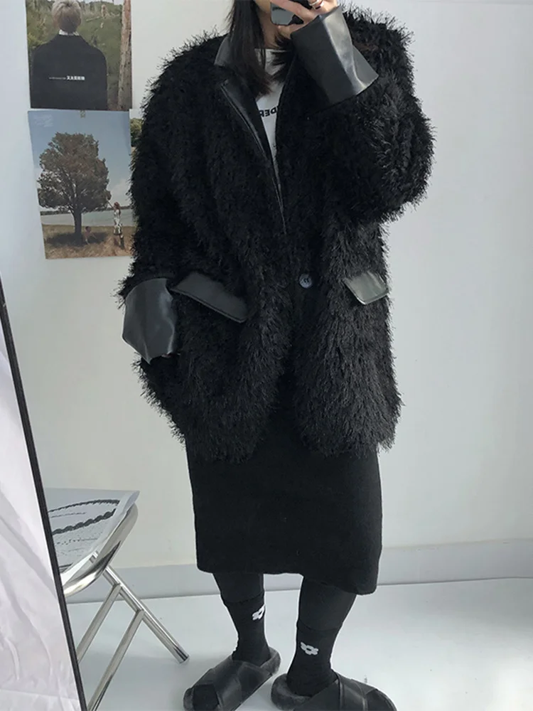 [EAM] Loose Fit Black Tassels Big Size Thick Jacket New Lapel Long Sleeve Women Coat Fashion Tide Spring Autumn 2024 1DF1482