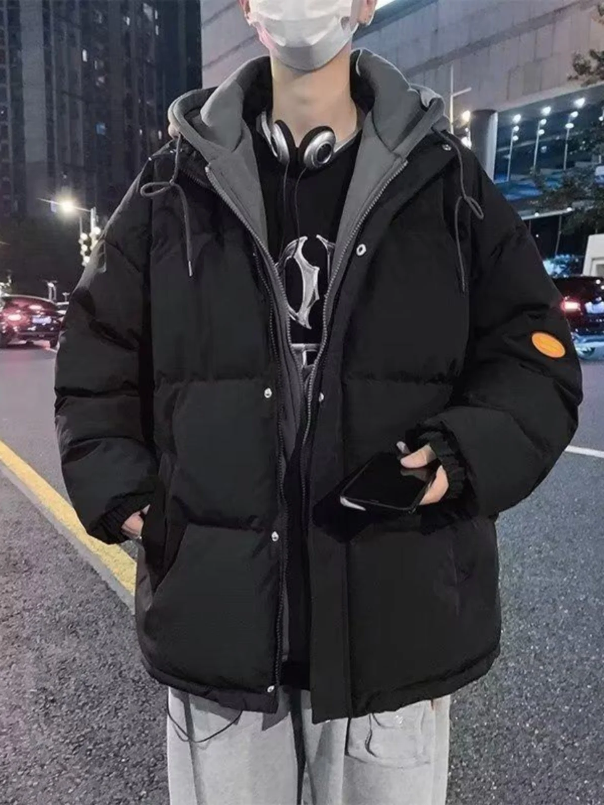 

Hooded Thiened Fce Lined Cotton Jaet Men's Winter Warm Outerwear Bread Sle Loose Fit Trendy Casual Coat Coat