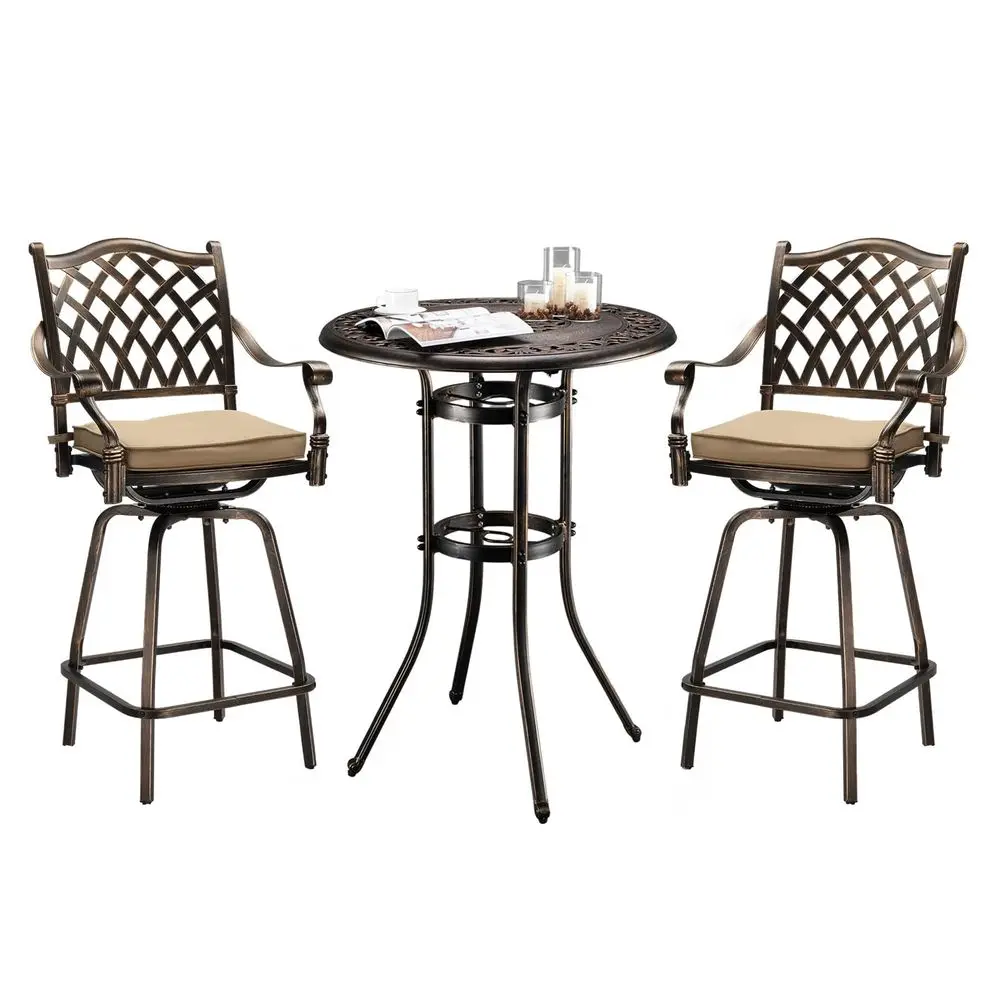 

3 Piece Outdoor Patio Bar Set, Cast Aluminum Outdoor Swivel Bar Stools and Table w Umberlla Hole, AllWeather Outdoor Bar Table