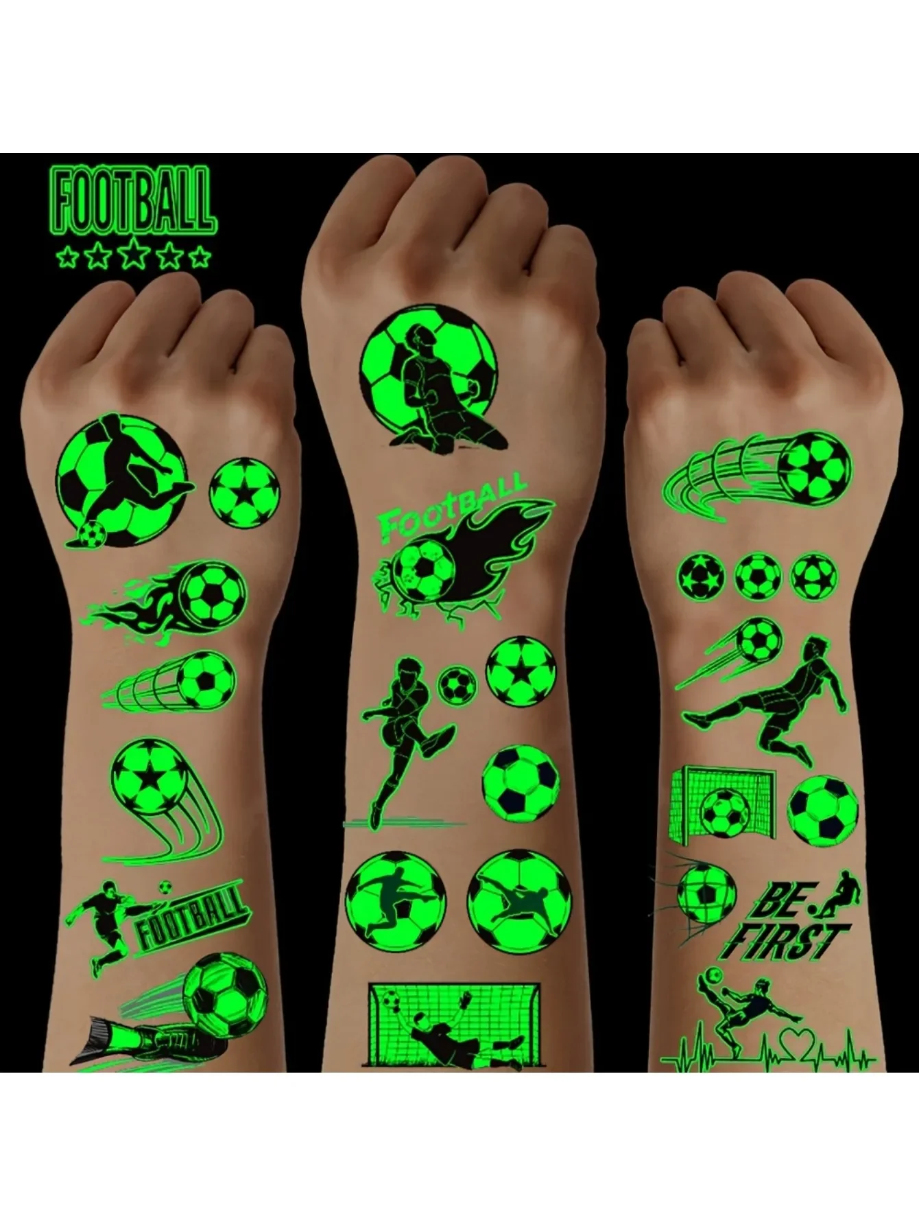 10 temporary tattoos of luminous football, designed for football fields, players and teams, perfect for sports fans