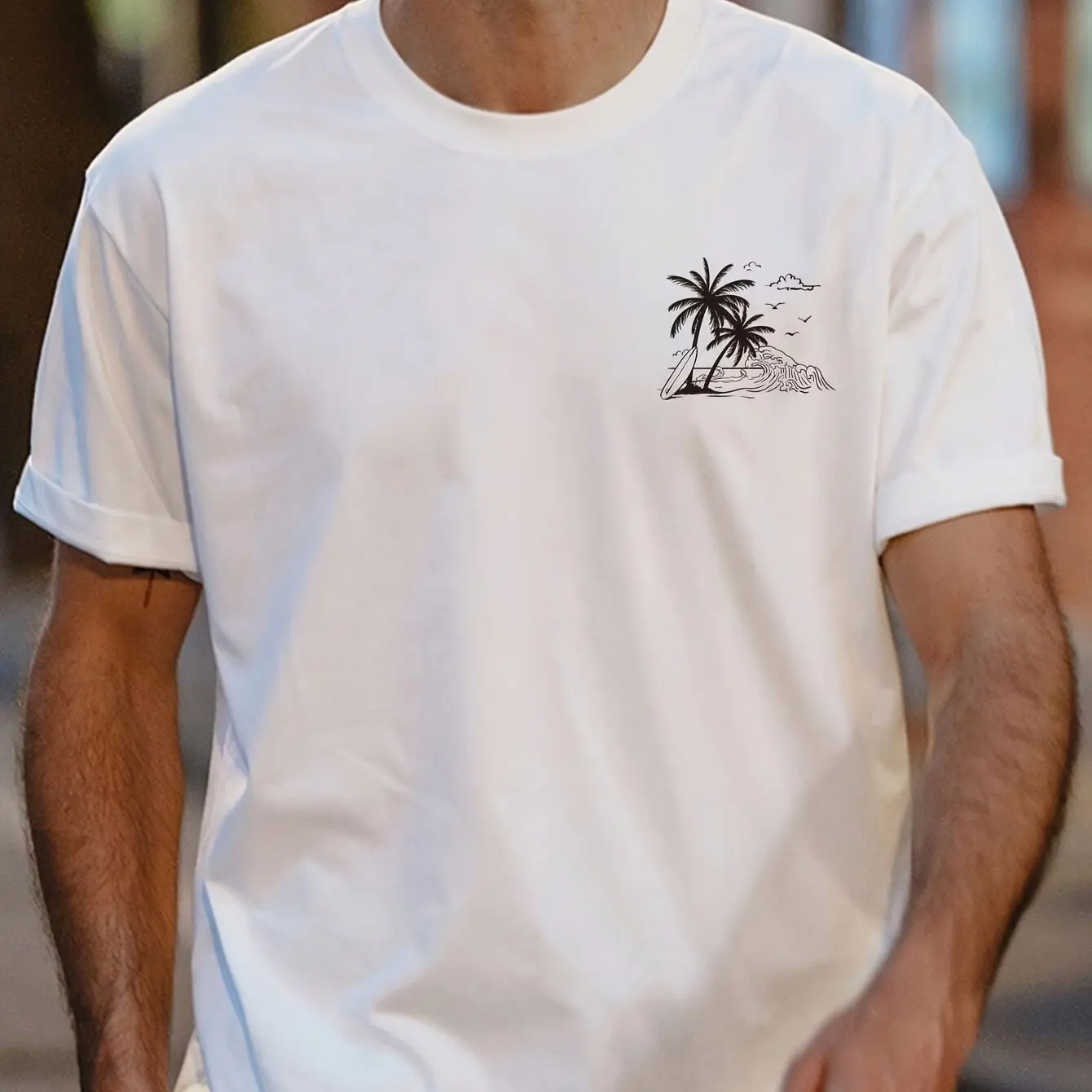 Men Casual Short Sleeve T-Shirt Vibrant Blue with White Palm Tree Wave Graphic Print Breathable Round Neck Tee Men Clothing