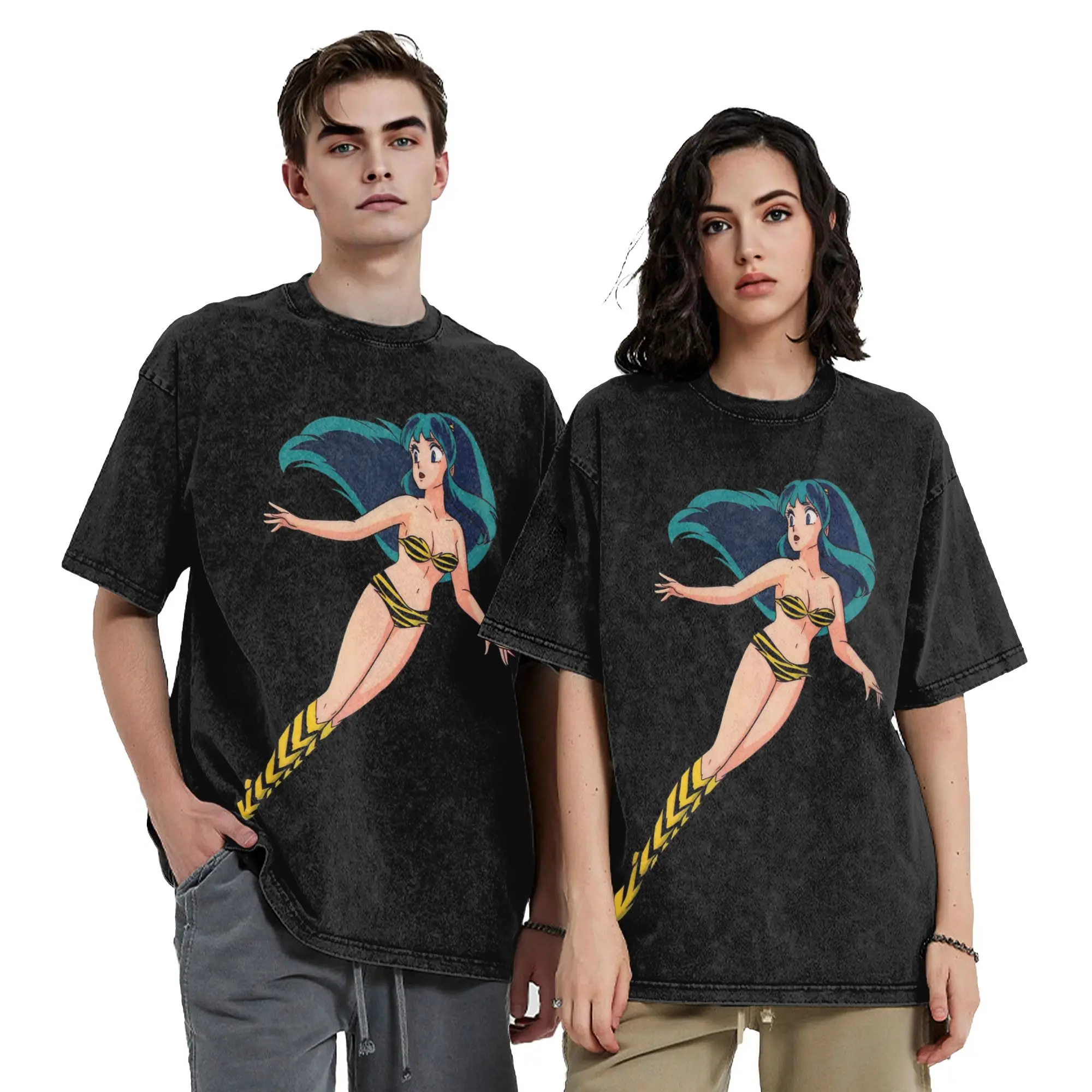 Lum Flying Urusei Yatsura T Shirt Hip Hop Washed Cotton Street T-Shirts  Fashion Men Women Tops Streetwear Graphic Tee Shirt