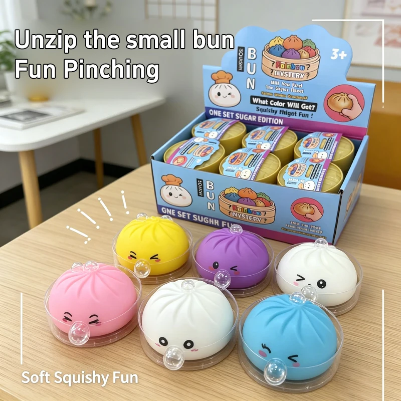 Cute Bubble Blowing Bun Squishy Set Soft Stress Relief Squeeze Ball With Steamer Case Kawaii Steamed Bun Shape Decompression Bun