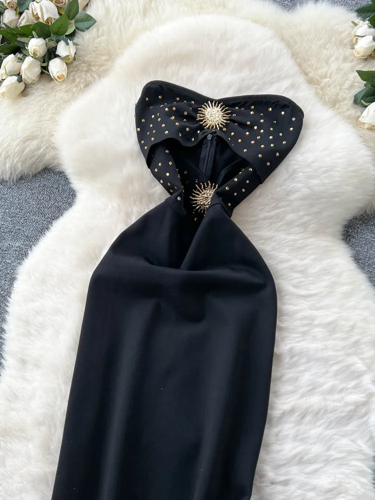 Acoria estiva in metallo impreziosita design scavato Bellissimo desiderio puro Abito lungo sexy con spalline da donna Gonna a trapezio