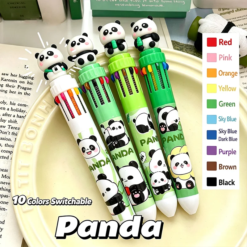Panda Multi-color Retractable Ballpoint Pen, 10-in-1 Cute Cartoon Panda Pattern Writing Pen for Office School Supplies