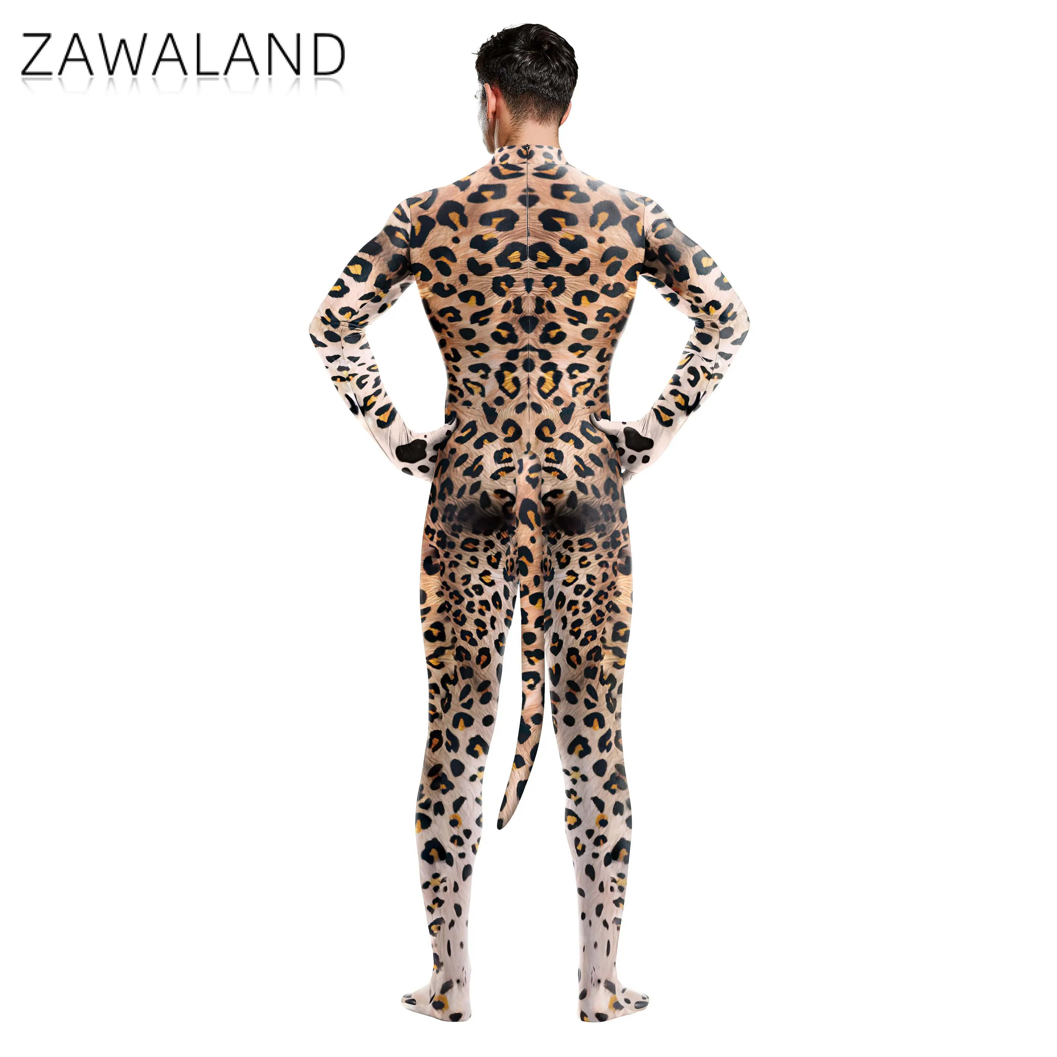 Zawaland Cheetah Cosplay Costume with Tail Halloween Crotch Zipper Jumpsuits Man Woman Leopard Catsuit Animal Zentai Bodysuits