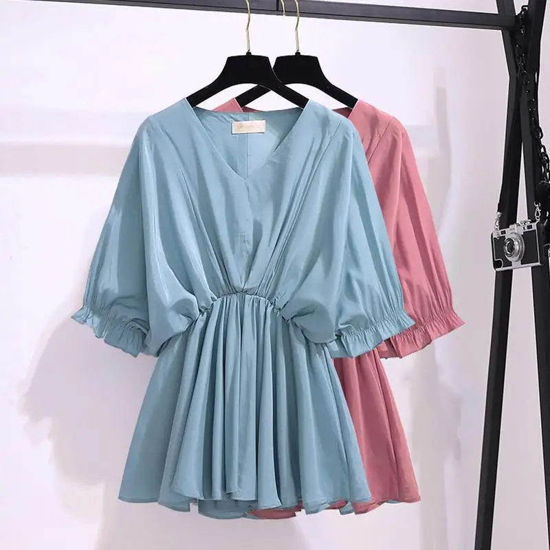 Women\'s Summer Korean Fashion Elegant Blouse V Neck Short Sleeve Loose Shirt Casual Ruffled Solid Chiffon Tops Blusas Para Mujer