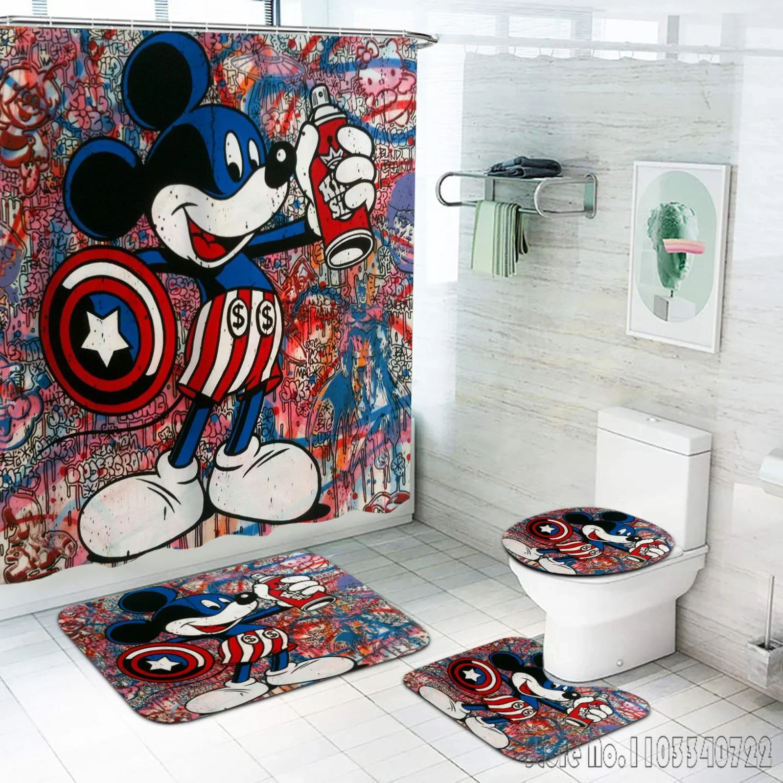 Mickey Mouse Anime Bath Shower Curtain Set 4pcs with Hooks Waterproof Bathroom Toilet Mat Lid Decor