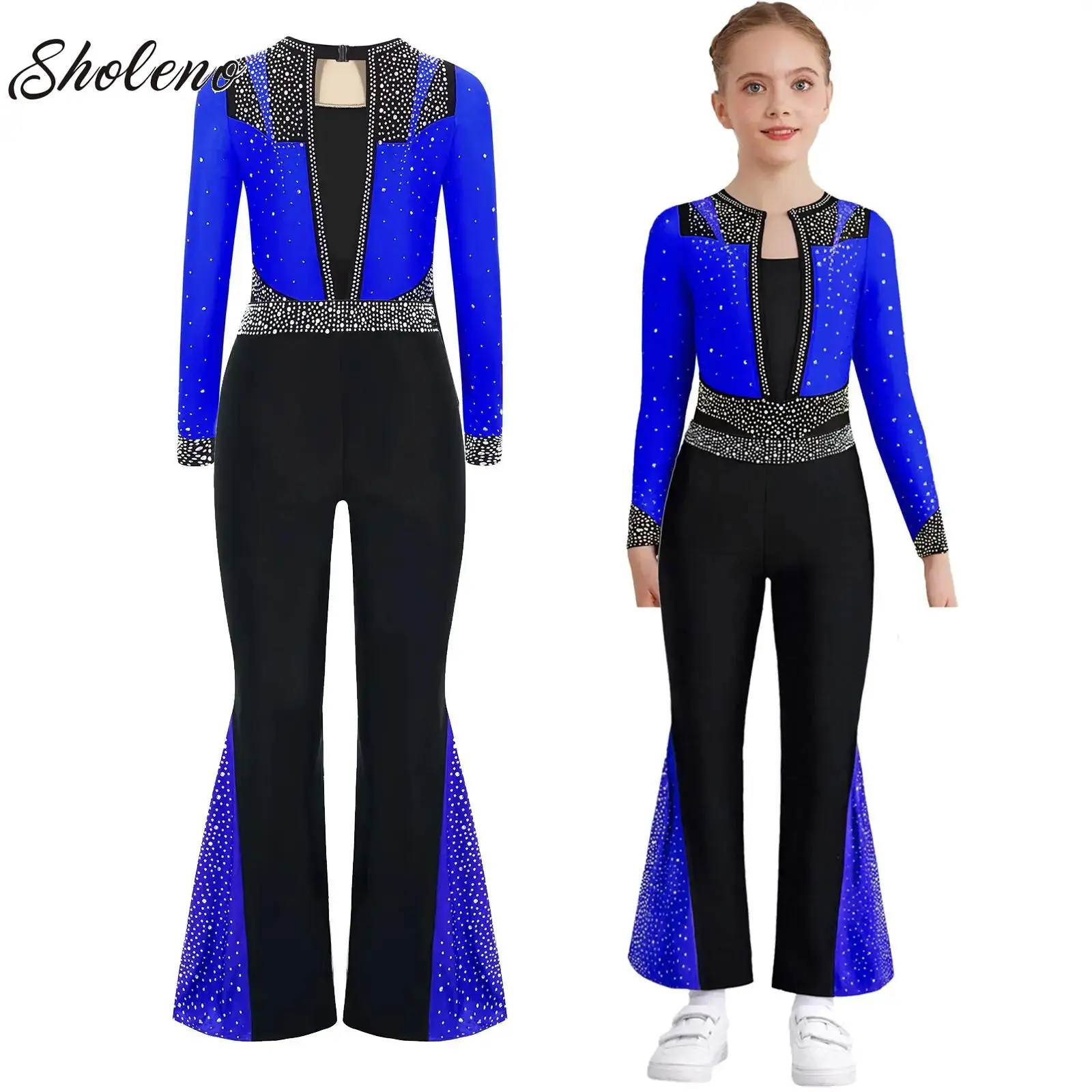 

Kids Girls Ballet Dance Outfits Rhinestones Jersey Leotard with Pants Figure Skating Rhythmic Gymnastics Performance Costume