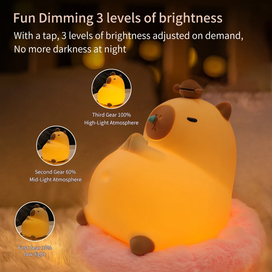 Cute Cartoon Capybara Silicone LED Night Light USB Rechargeable Timing Dimming Sleep Night Lamp Children Room Decor RGB Warm