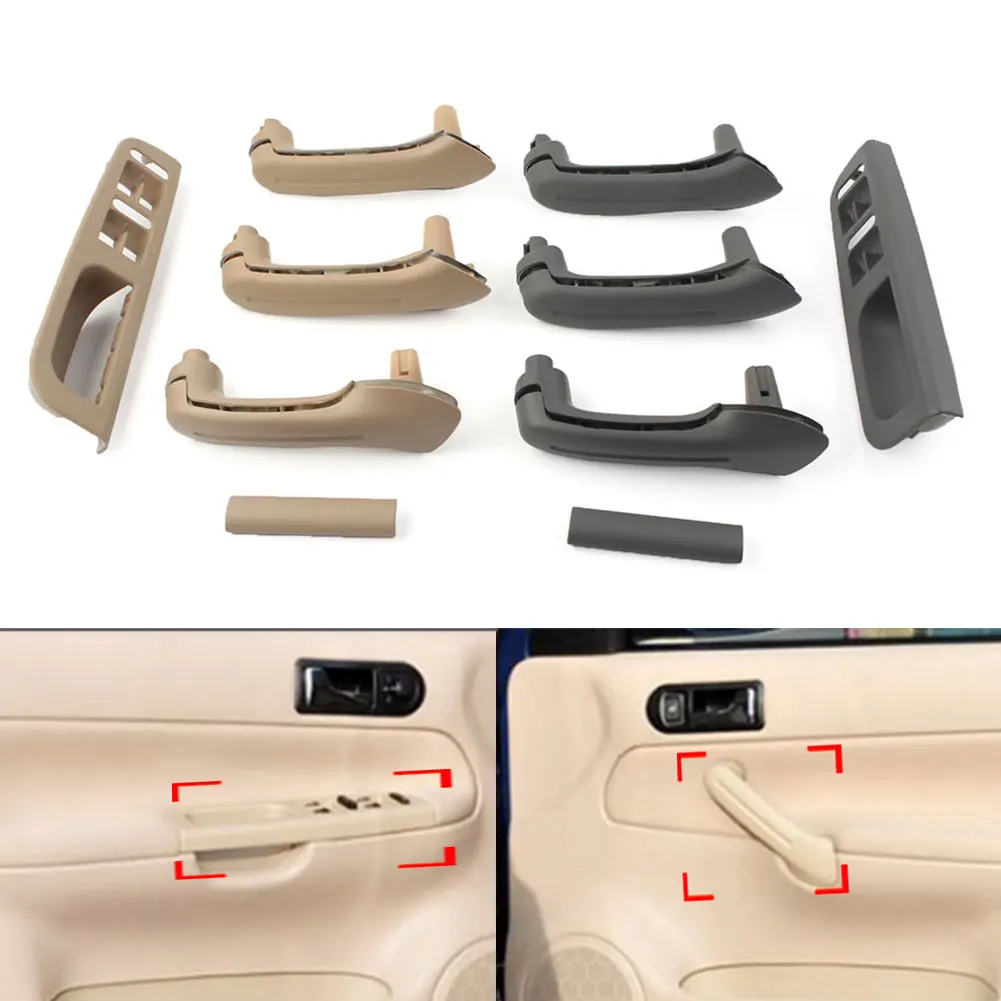 5Pcs Beige/Gray Car Inner Door Grab Handle Switch Bezel Kit For VW Golf Passat Jetta Bora MK4 1999-2004 Left-Hand Drive Only