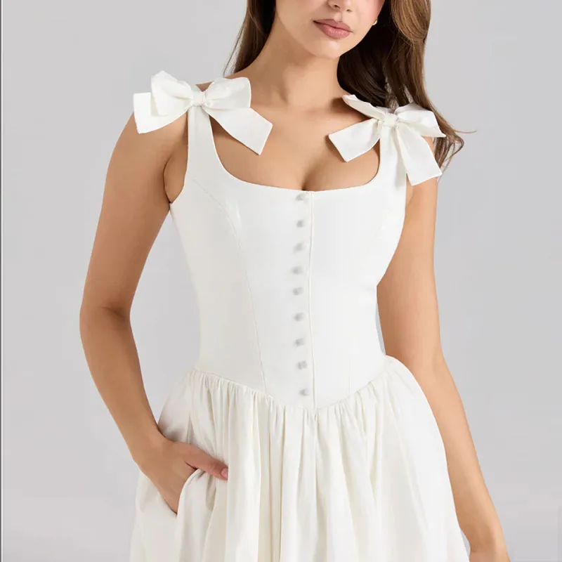 New Sexy Sleeveless Bowknot Lace Up Party Dress Summer Elegan Solid Button Commute Dress Women's Chic Zipper A-Line Boho Dresses