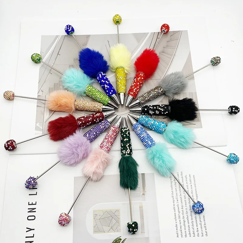 50pcs Beauty Diamond Bead Pen Mixed Diamond Plush Beaded Ball Pen for Writing Pens for Kids Korean Stationery Office Supplies