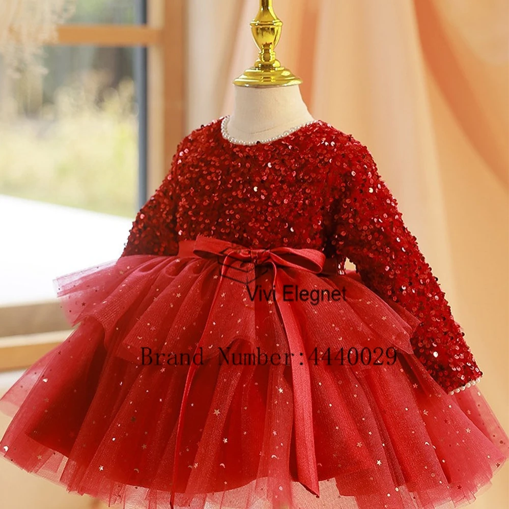 Modern Red Full Sleeve Flower Girls Dresses for Kids 2024 Full Sleeve Tiered Christmas Gowns with Belt Sequined فلور فتاة اللباس