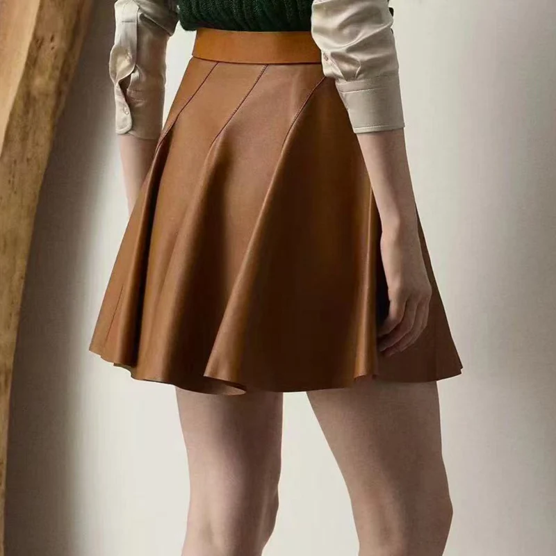Fashion Lady's Real Leather Long Legs Lolita Short Skirt Woman Lotus Leaf Jupe Femme Pleated Mini Saia Streetwear 2025