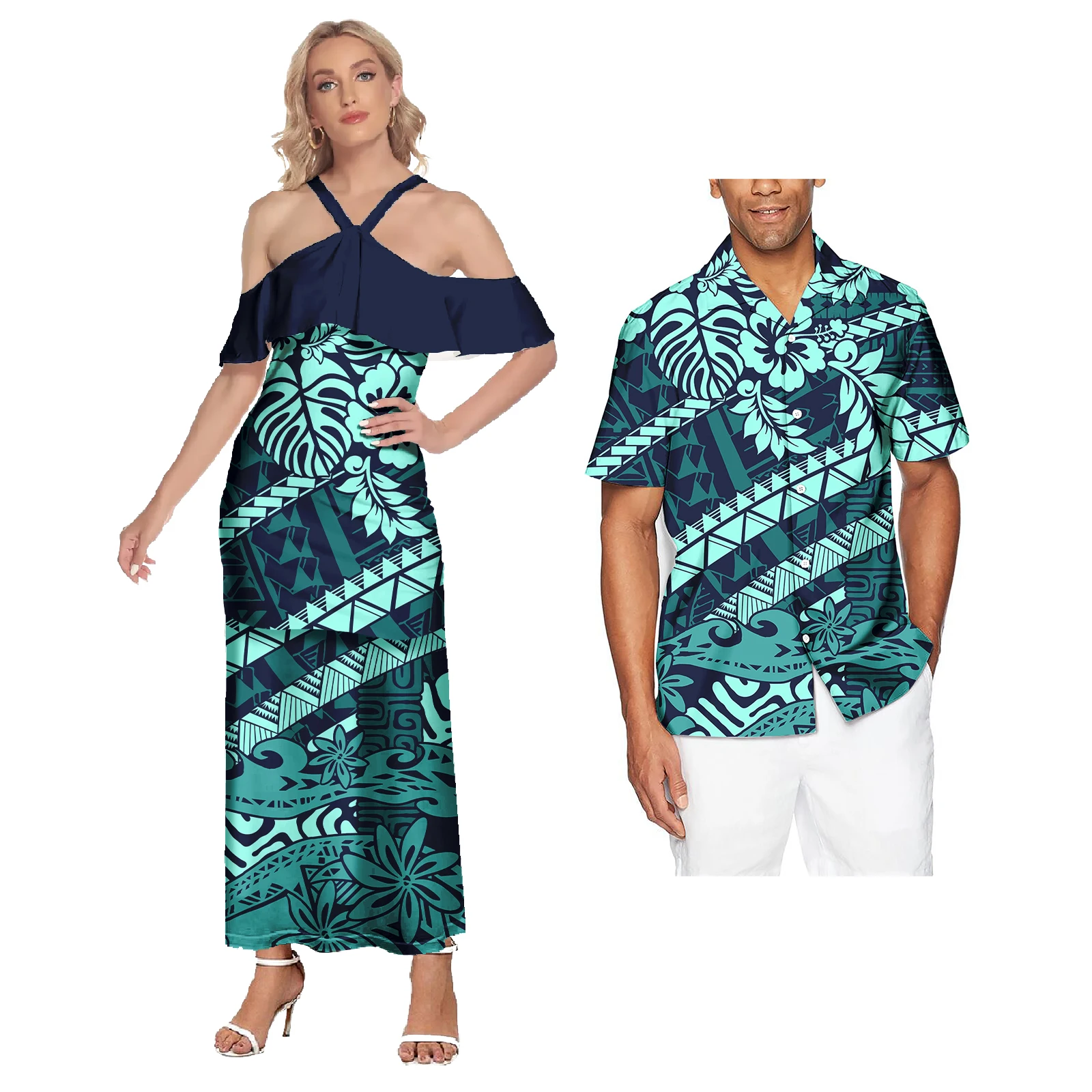 Couple Outfit Sets Polynesian Tribal Clothing Samoan Fijian Maxi Tapa Flower Print Custom Cocktail Dresses Party Dresses Sexy