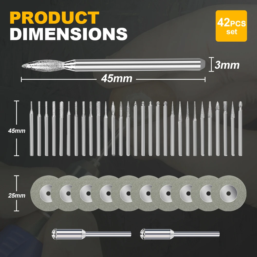 CMCP Diamond Saw Blade Diamond Grinding Burr Needle Point Engraving Carving Polishing Glass Jade Stone Drill Bit Rotary Tool Set
