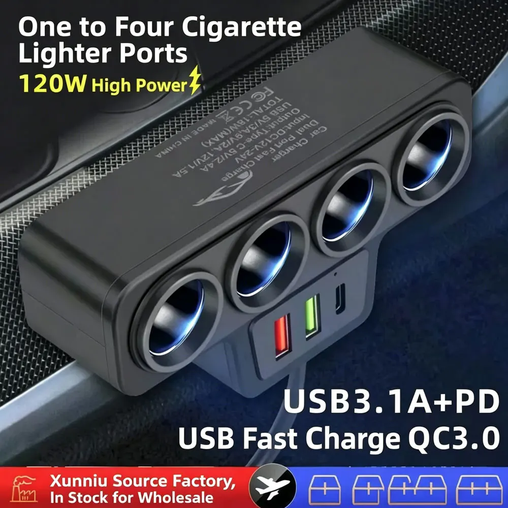 Multi-port QC3.0 PD Car Charger Adapter 4 Expansion Ports 12-24V Car Plug Smart Shunt for Fast Charging