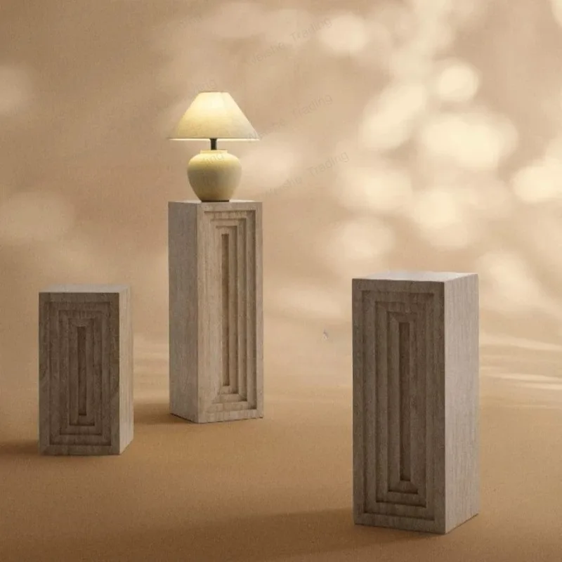 Wabi Sand Wind Natural Yellow Cave Marble Groove Floor Sculpture Decorative Ornament, Column Table