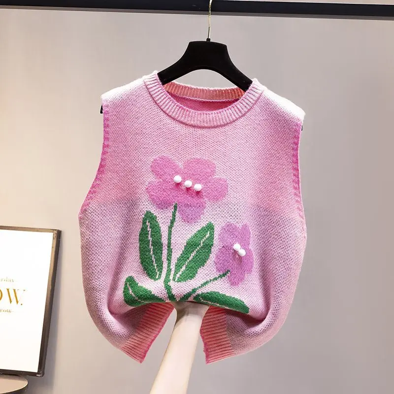 Knitted Vest for Spring and Autumn Loose Fit Women\'s Vest Round Neck Sweater Age Reducing Sleeveless Camisole Outerwear Tops
