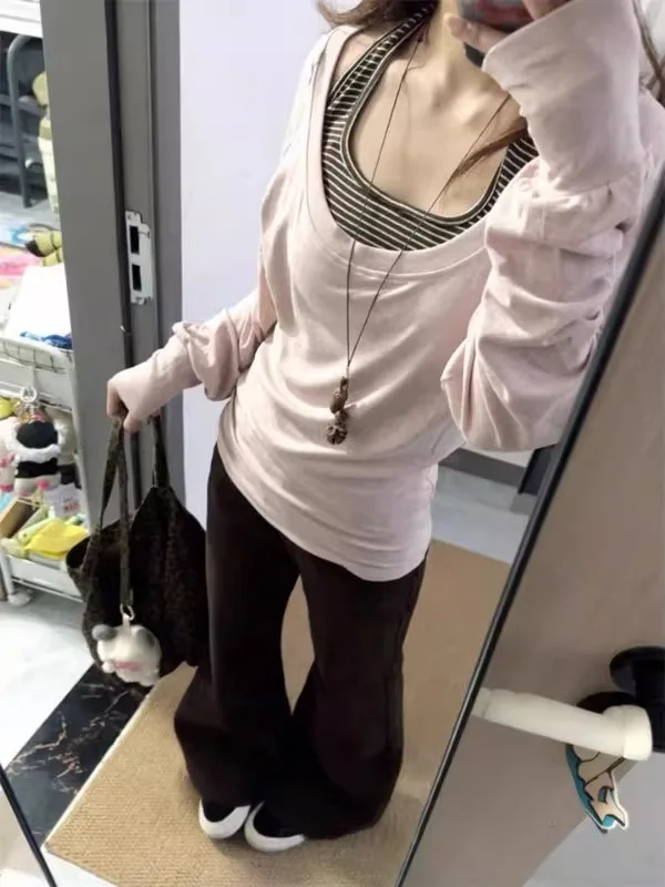 

plus Size American Retro Striped Long Sleeve Vest Women's Fashion Set Slimming Two-Piece Spring Wear Comfortable Breathable