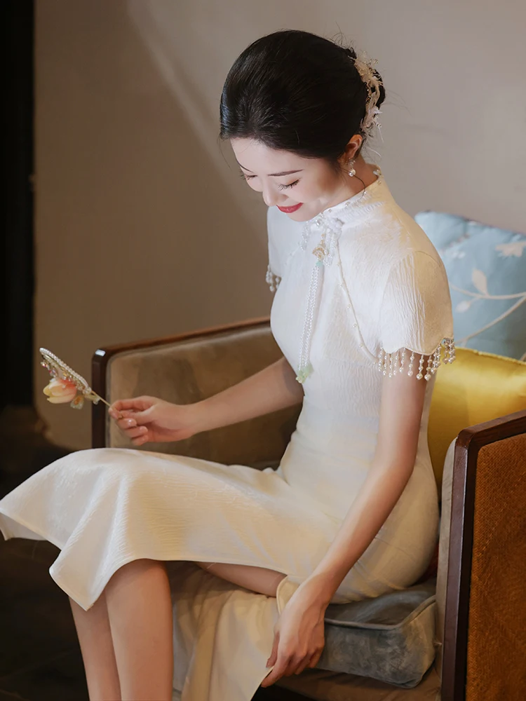 

White Tailored Wedding Dr for Women Vintage Sle Pearl Embellied mid Waist Fit for Daily Wear And Parties