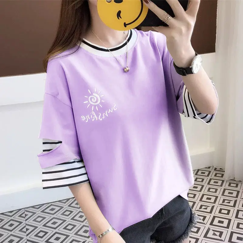 Fashion Printed Spliced Striped Fake Two Pieces T-Shirts Female Clothing 2024 Spring Summer Loose Korean Tops Casual Tee Shirt