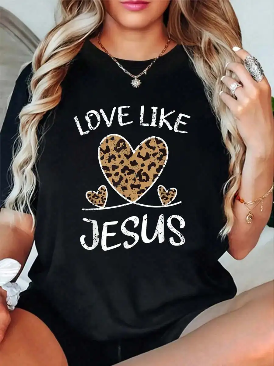 Unisex Religious Casual T‑Shirt 100% Cotton Love Like Jesus Leopard Heart Believer Graphic Print Christian Faith Crew Neck Short Sleeve Everyday Wear Tee