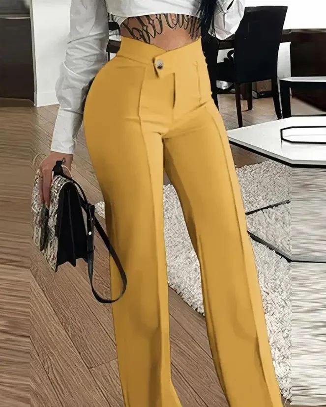 Pantalon de travail droit boutonné à jambes larges pour femmes, vêtements polyvalents, streetwear décontracté sexy, mode automne et hiver, fjY2k,