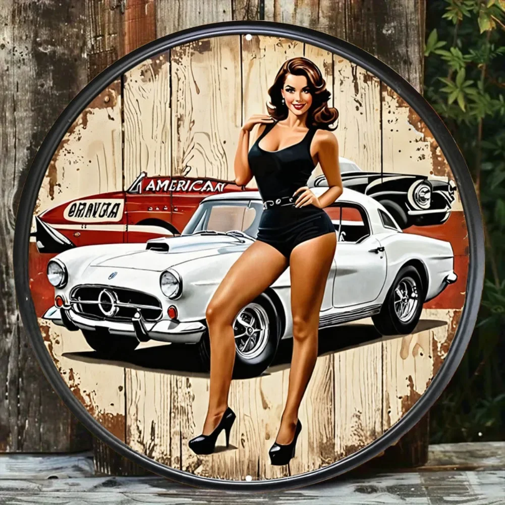 Vintage Pin Up Girl Classic Car Metal Wall Art, Round Retro American Muscle Car Decorative Tin Sign, Rustic Garage Man Cave Them