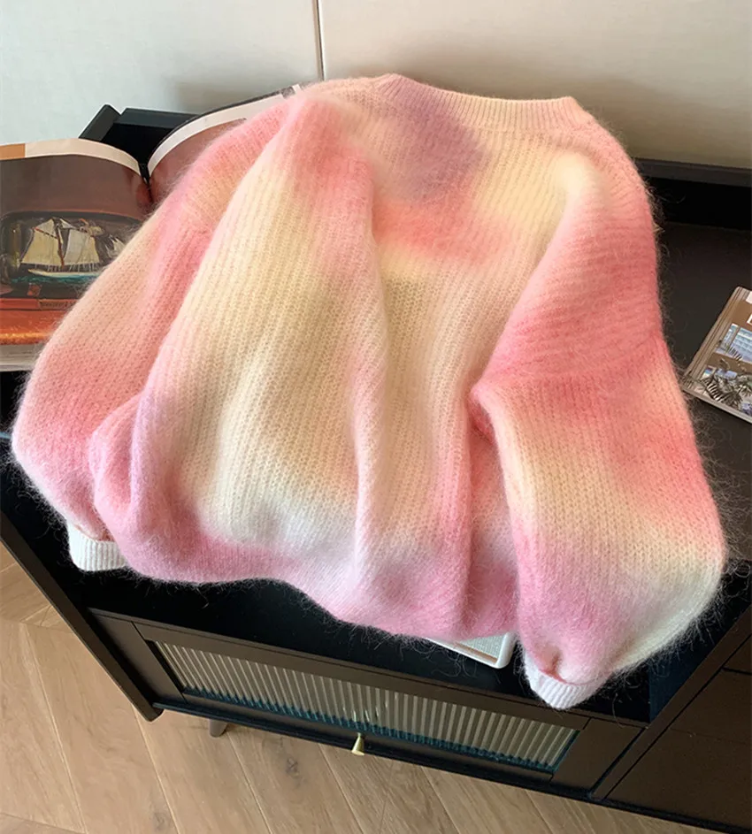 Sweet Girls New Autumn Winter Pink Gradient Soft Mohair Loose Pullovers Jumper Lazy Women O Neck Long Sleeve Knitting Sweater