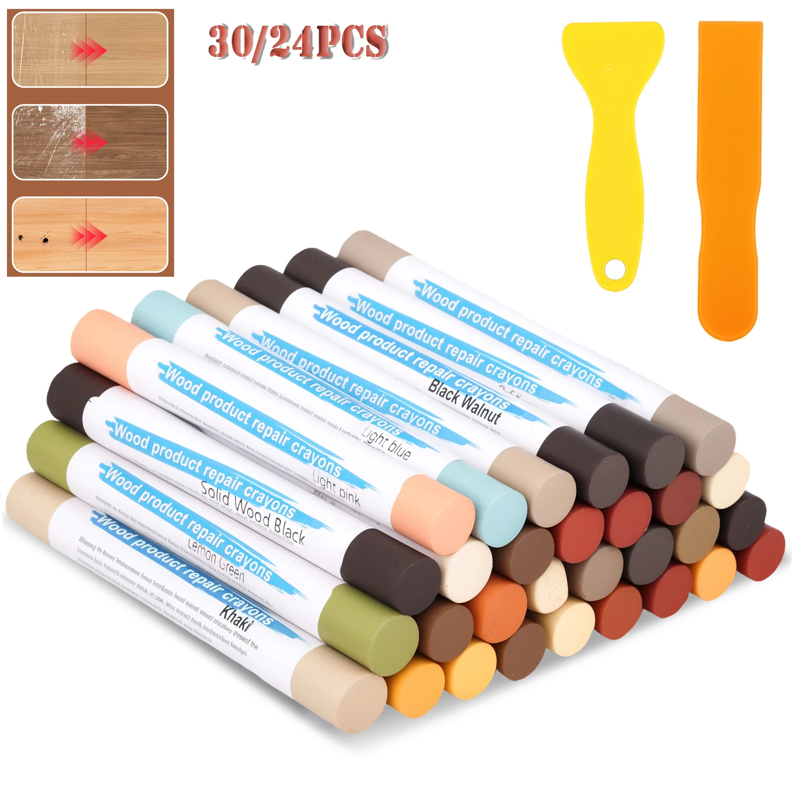 30/24Pcs Wood Furniture Repair Wax Crayon Kit Floor Repair Pen Damaged Scratch Maker Home Door Window Cabinet Patch Paint Crayon