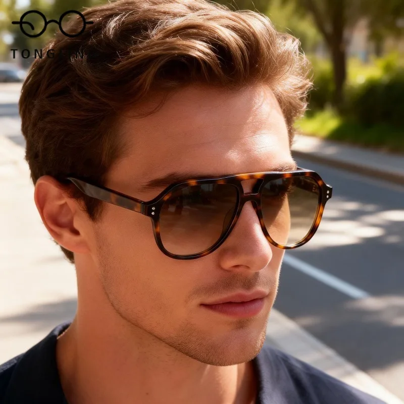 High-Quality Men Handcrafted Glasses Retro Double-Bar Frame Large Frame Women Outdoor Unique Sophisticated Acetate Sunglasses
