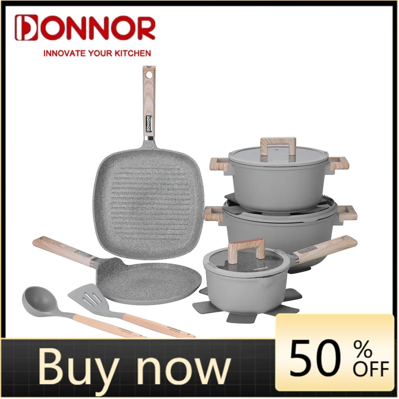 

DONNOR 13pcs/set Aluminum Alloy Frying Pan Home Stewed Soup Pot with Silicone Spatula Cooking Non Stick Pan Kitchenware Set