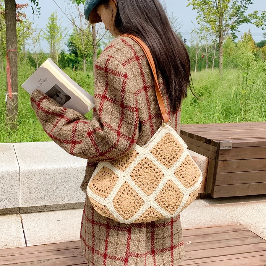 Women Cotton Thread Tote Bag Large Capacity Vacation Shoulder Bag Daily Casual Handbag Hollow Designer Summer Travel Beach Bags