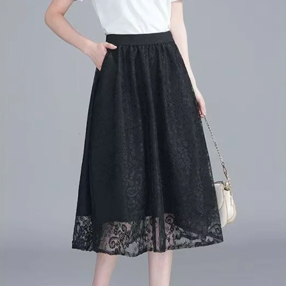 

Mesh Midi Tulle High Waist Female Skirts Lace Black Aesthetic Vintage Clothing Trend 2025 A Line Summer Premium V Women's Skirt