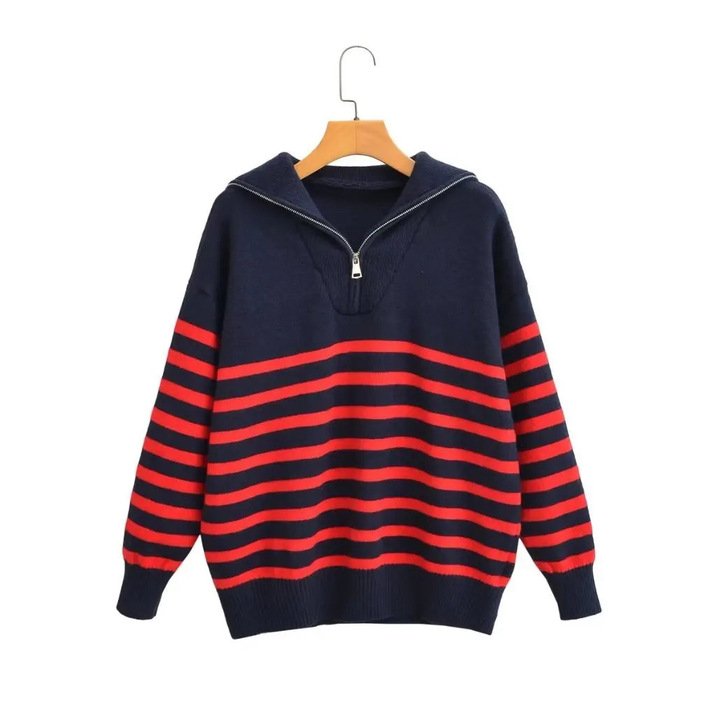 

Women's Striped Sweater with Metal Zipper New Fashion European And American Style by