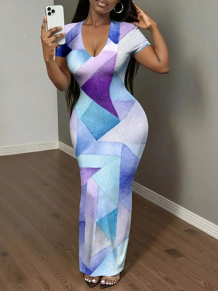 

Women V-Neck Short Sleeve Bodycon Maxi Dress Watercolor Geometric Print Purple Blue White