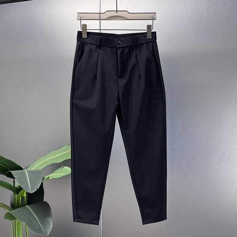 Men's Black Pleated Dress Pants High Waist Button Closure Slim Fit Ankle-Length Trousers Formal Office Casual Daily Pants