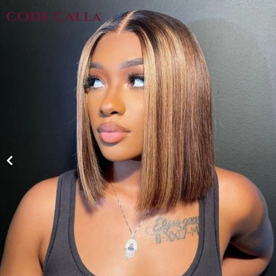 Highlight Wig Ombre Brown Honey Blonde Short Bob Wig HD T Part Lace Front Wig Pre Plucked Lace Wigs For Wom Human Hair Wigs