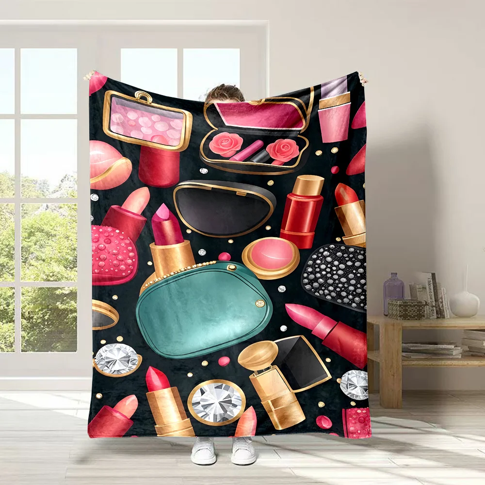 Aesthetic Makeup Pattern Throw Blanket Plush Knit Cosplay Vanity Beauty Art Decor Gift Cozy Home Ornament