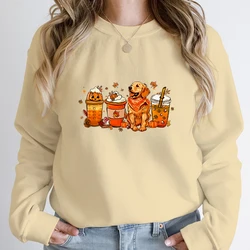 Fall Pumpkin Coffee Golden Retriever Print Sweatshirts Autumn Winter Long Sleeve Round Neck Pullovers Casual Hoodless Sweatshirt