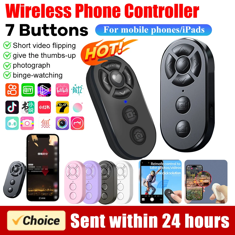 7 Buttons Remote Controller Rechargeable Bluetooth Smart Remote Selfie Stick Camera Controller for ios Android Photos and Videos