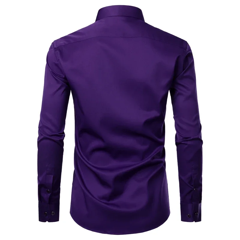 Chemise habillée en fibre de bambou pour hommes, chemises décontractées, coupe couvertes, élastique, sans repassage, facile à entretenir, bureau, mariage, chemise formelle, violet, zones me