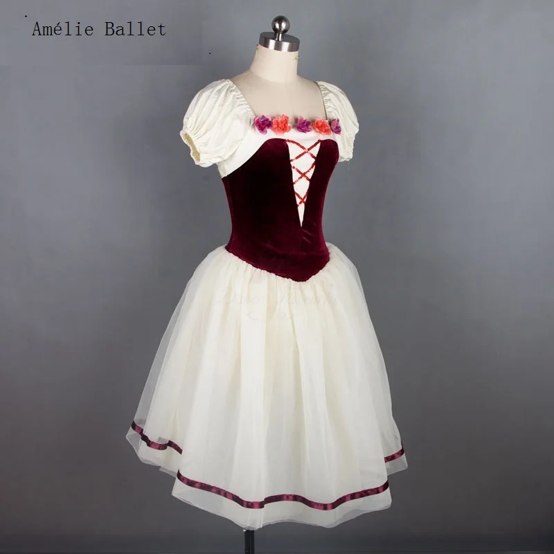 18442 Burgundowy Aksamitny Gorset Baletowy Tutu Romantyczna Długość Kostiumy Taneczne Baletowe Tutu Dziewczęce i Damskie Kostiumy Taneczne na Występy