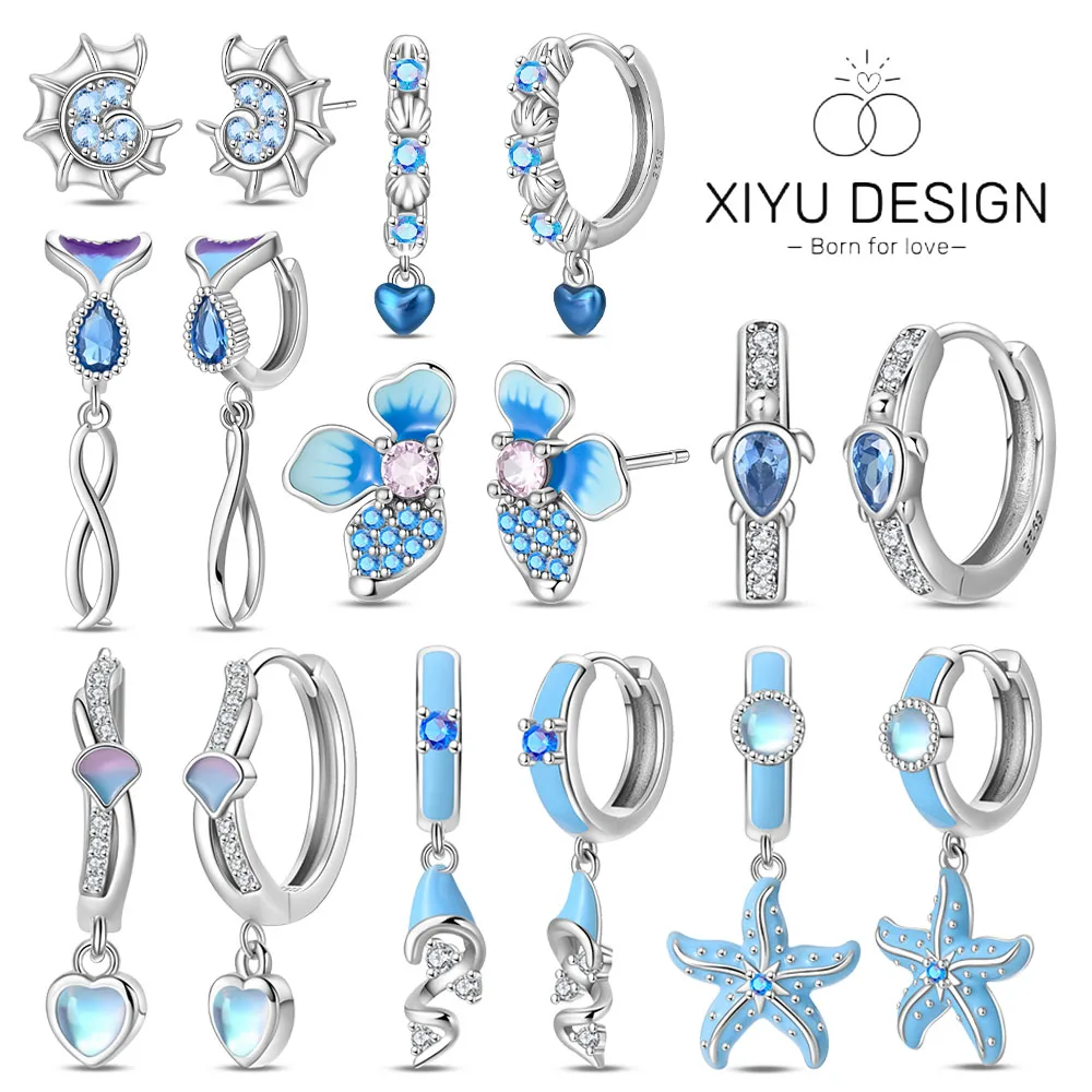 

925 Sterling Silver Dangle Earrings Blue Starfish Shells Zirconia Earrings for Women Fashion Boutique Jewelry Making for Gift