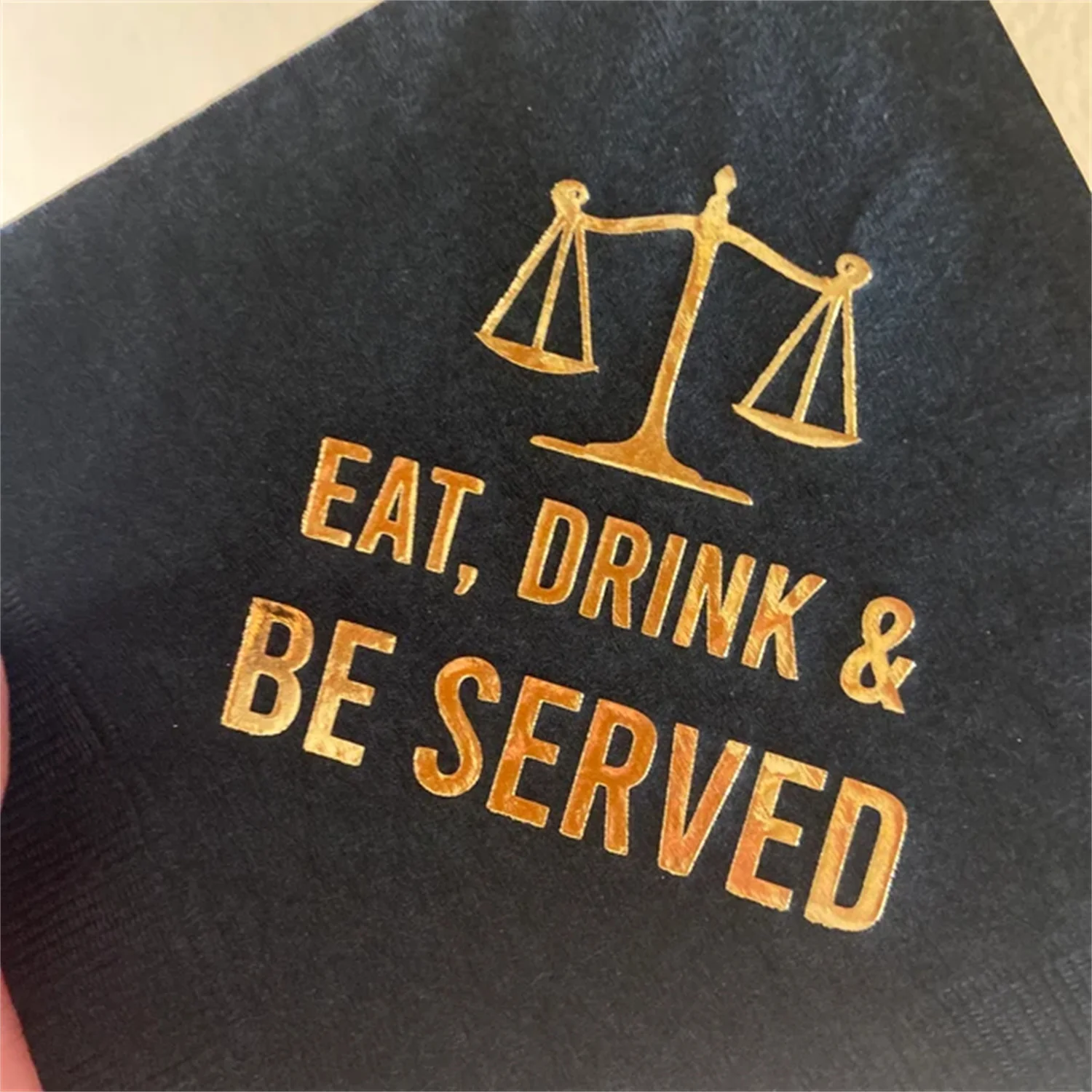 50pcs Law School Lawyer Attorney Graduation Eat Drink & Be Served Printed Beverage Cocktail Napkins Black w/ Metallic Gold Foil