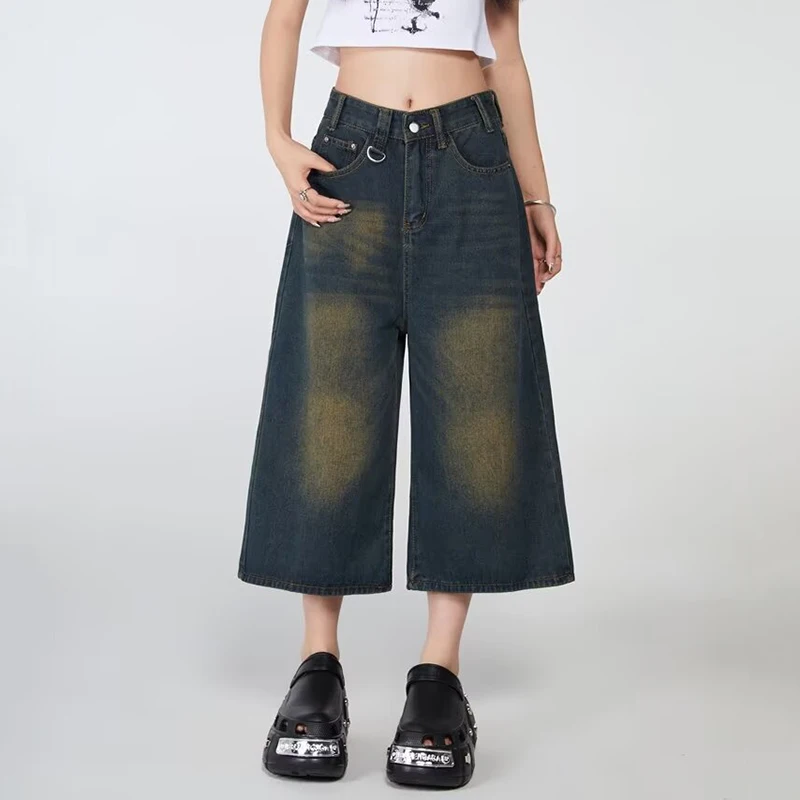 

Women Fashion Harajuku Middle Shorts Jeans Female Daily Retro High Waist Denim Pants Girls Wide Leg Street Calf-length Trousers