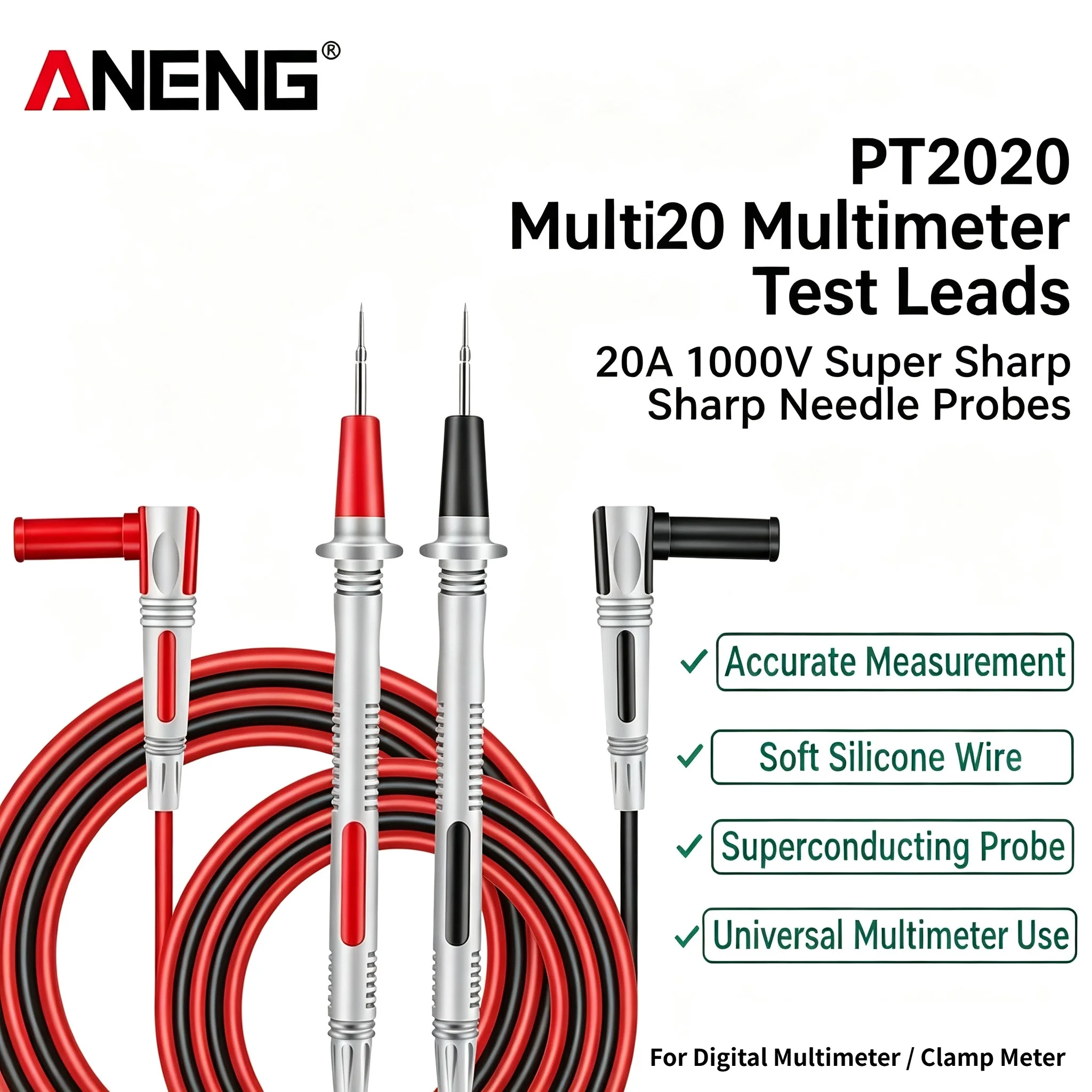 ANENG PT2020 Multimeter Test Leads 20A 1000V Super Sharp 0.3mm Steel Needle Probes Silicone Wire Test Cable for Digital Multimet