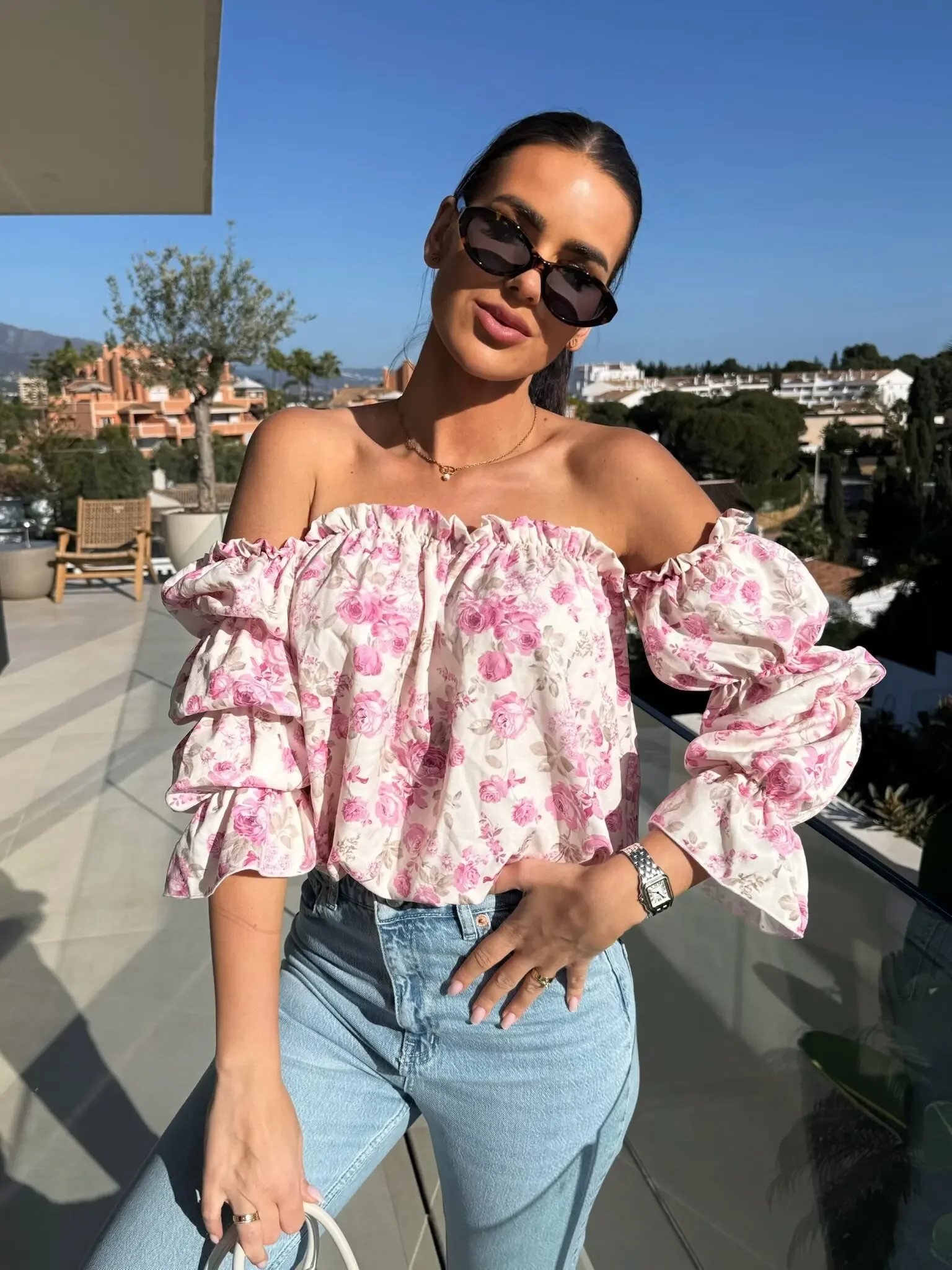 Women Off Shoulder Floral Blouse Ruffle Trim Puff Long Sleeve Loose Fit Rose Print Casual Bardot Top